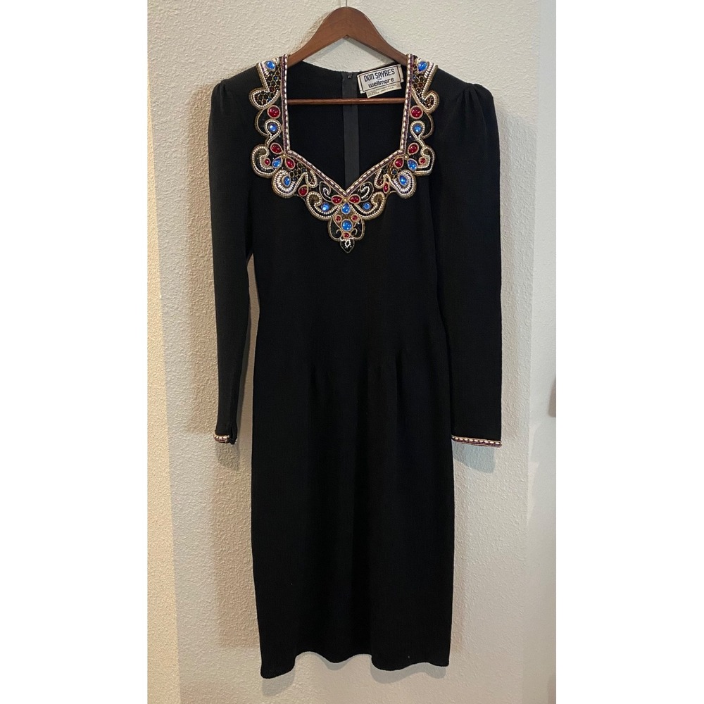 VTG Don‎ Sayres For Wellmore Sz 8 Jeweled Knit Sheath Dress Black shoulder pads